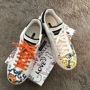 Dolce & Gabbana Artistic White Sneakers with Orange Laces
